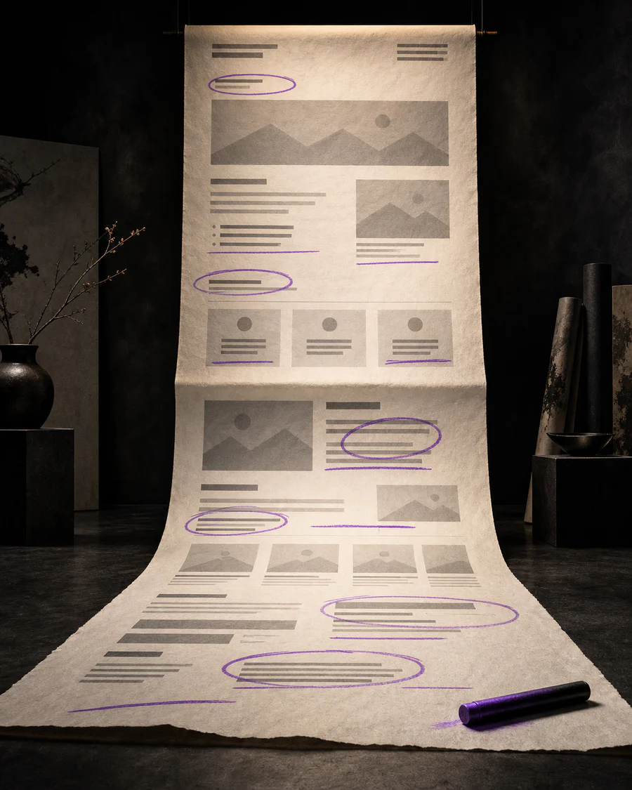 Eine lange Website-Skizze mit violetten Markierungen.