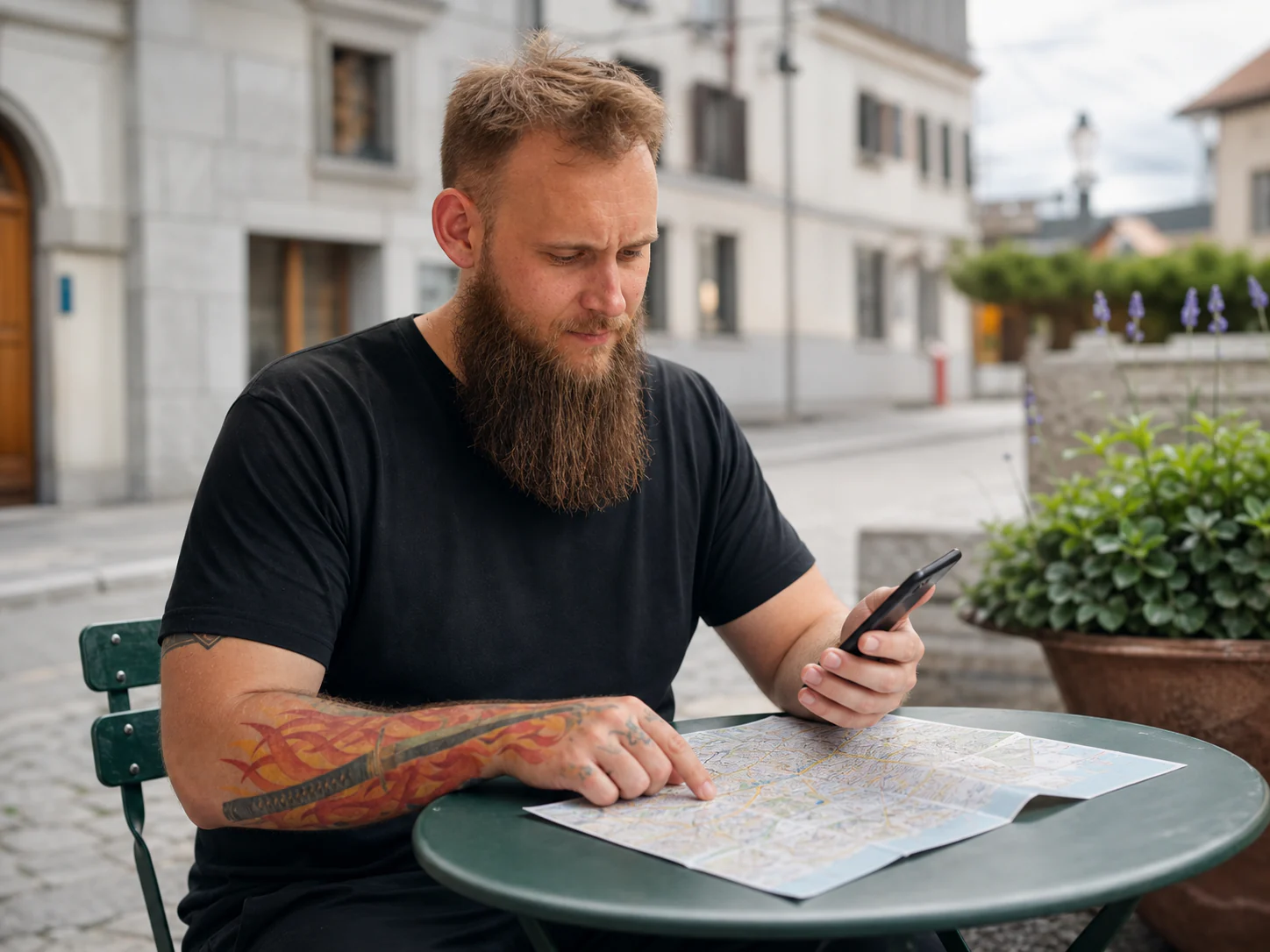 Ich vergleiche einen Stadtplan mit einem Standort auf dem Smartphone.