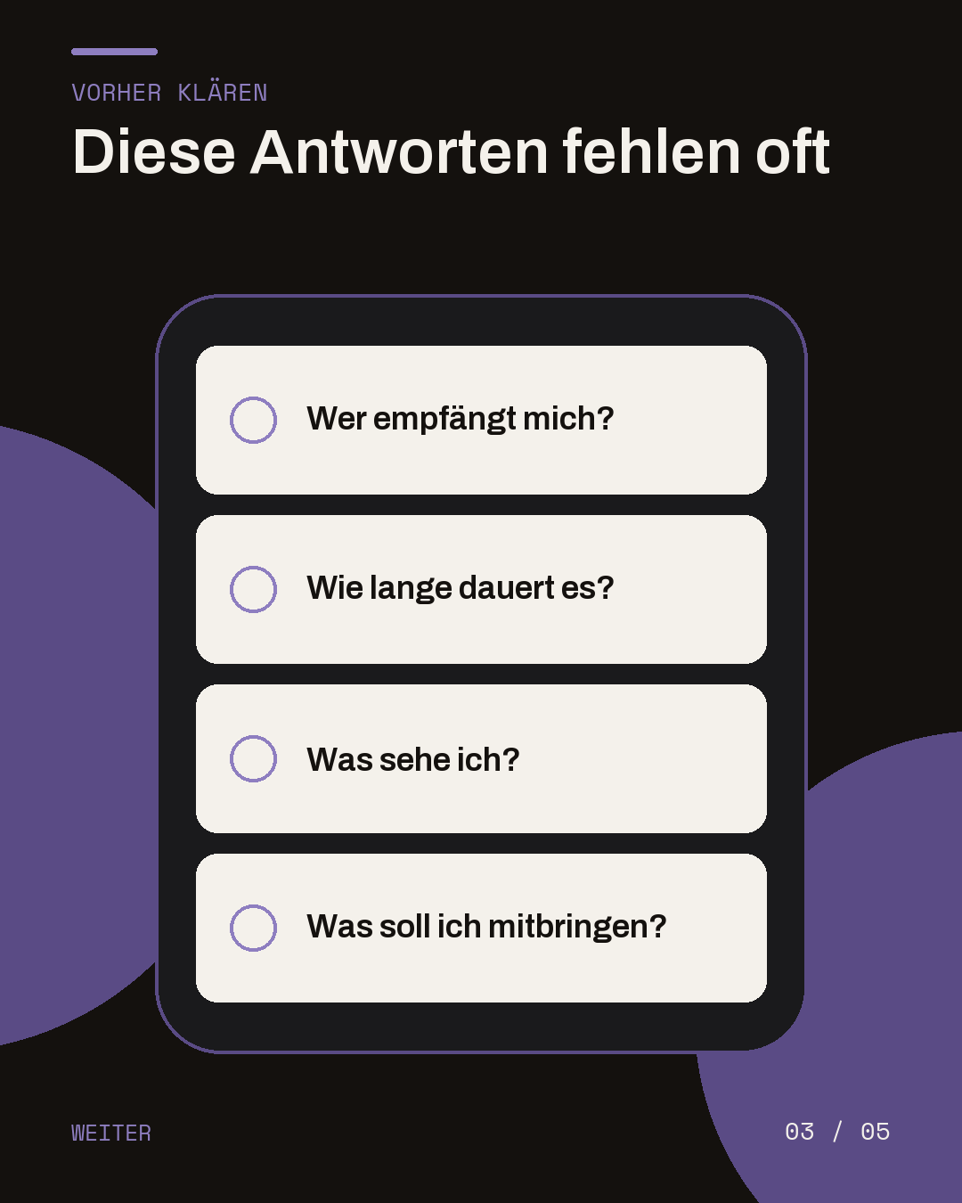 Dunkle Slide mit vier Karten zu Empfang, Dauer, Ablauf und nötigen Unterlagen.