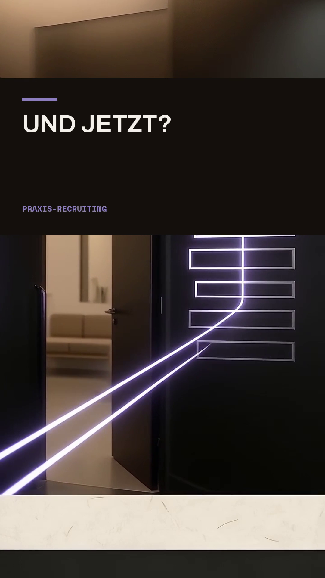 Vertikales Video in dunkler Kotodama-Gestaltung: Ein Smartphone mit vereinfachtem Bewerbungsformular steht vor einer geöffneten Praxistür. Eine violette Lichtlinie führt vom Smartphone zu mehreren Formularfeldern. Eingeblendeter Text: Stelle gesehen. Interesse da. Und jetzt? Schlusskarte: Interesse darf nicht am Kontaktweg sterben.