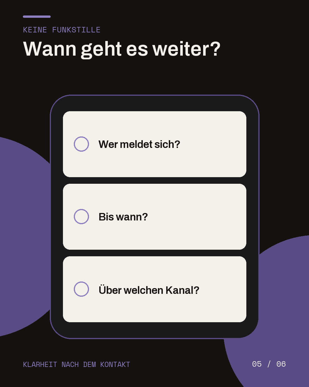 Dunkle Slide mit drei Karten zu Zuständigkeit, Zeitpunkt und Kontaktkanal.