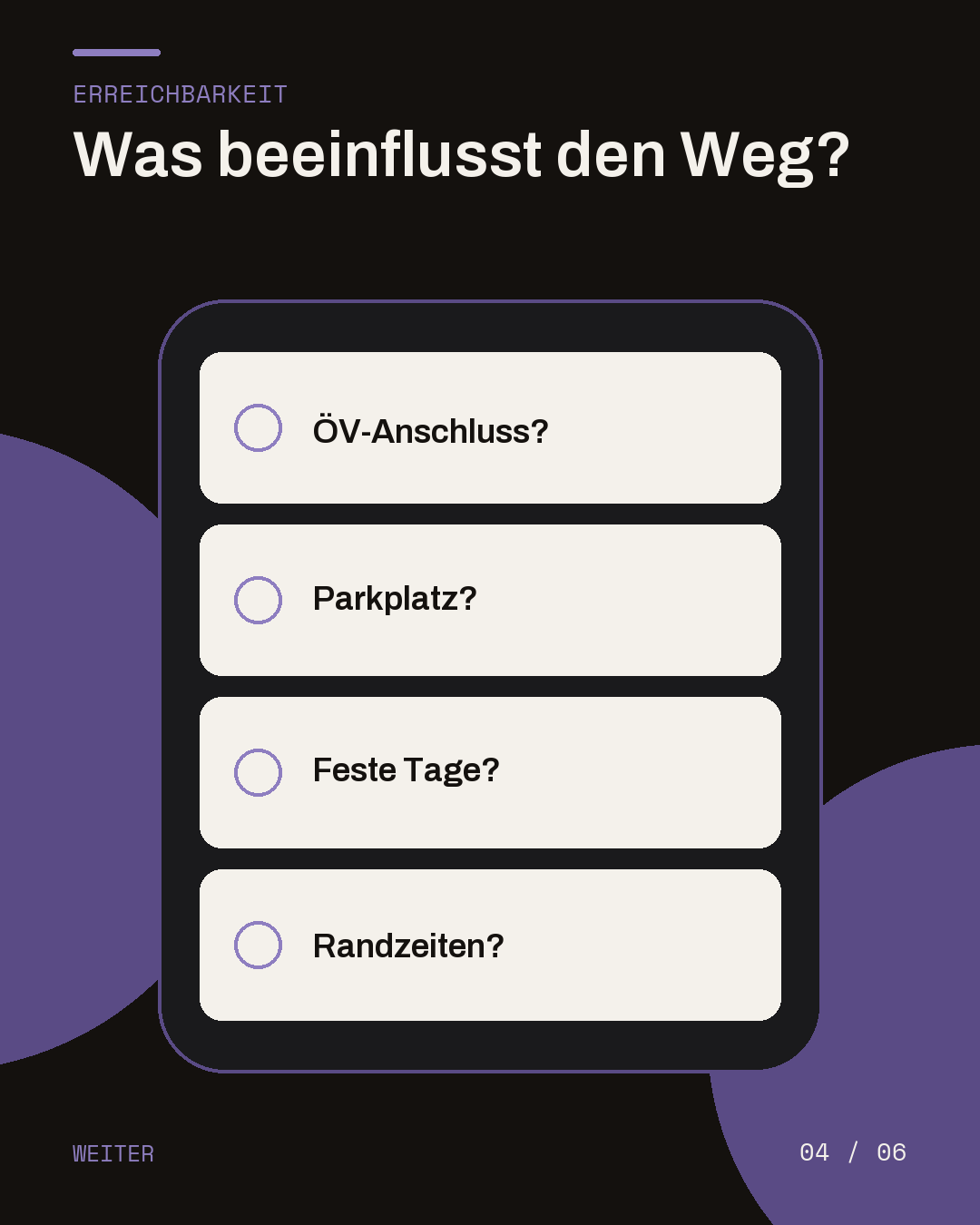 Dunkle Slide mit vier Karten zu ÖV-Anschluss, Parkplatz, festen Tagen und Randzeiten.