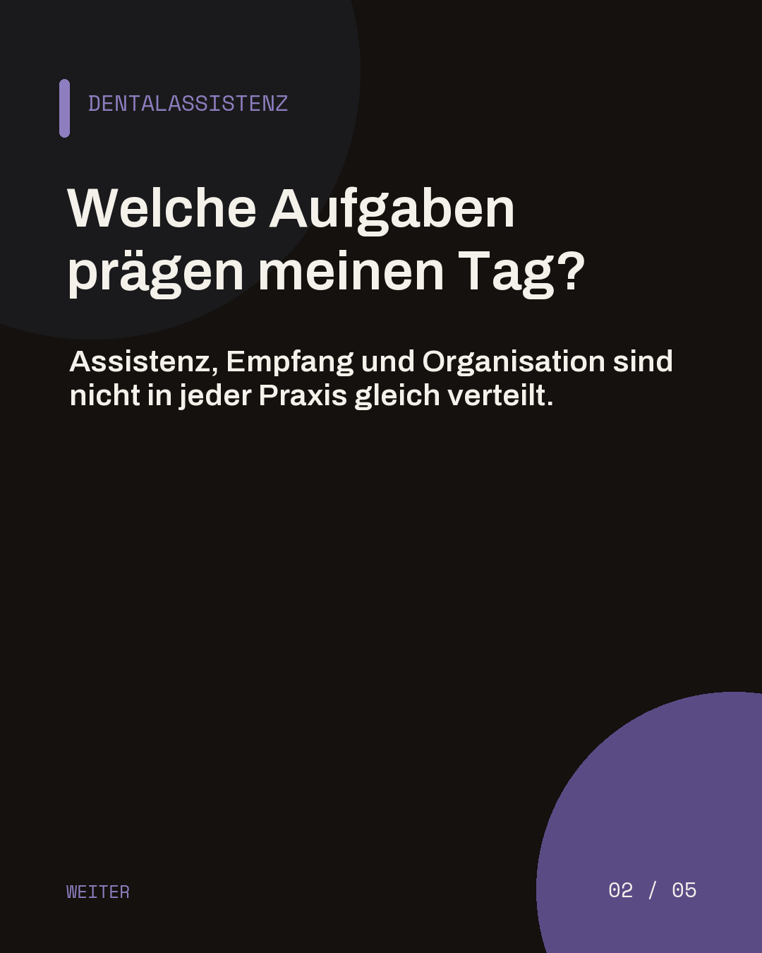 Dunkle Slide zur Dentalassistenz mit der Frage, welche Aufgaben den Arbeitstag prägen.