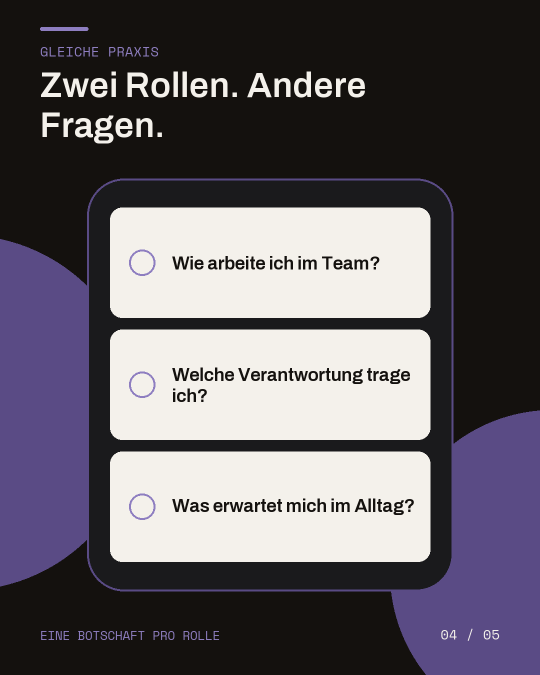 Dunkle Slide mit drei Karten zu Teamarbeit, Verantwortung und Arbeitsalltag.