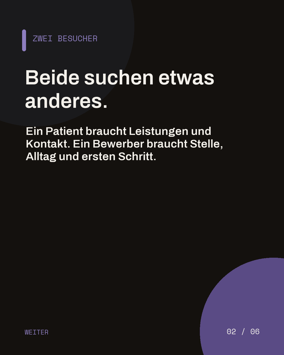 Dunkle Slide über die unterschiedlichen Informationsbedürfnisse von Patienten und Bewerbern.