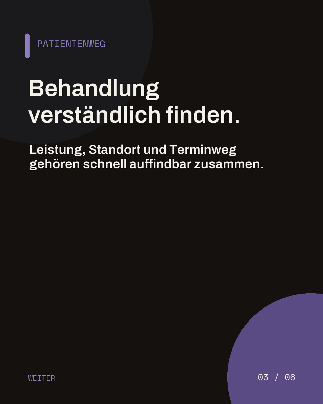 Dunkle Slide zum klaren Patientenweg über Leistung, Standort und Termin.