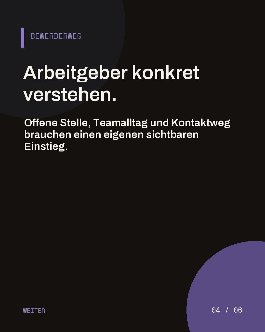 Dunkle Slide zum Bewerberweg über offene Stelle, Teamalltag und Kontakt.