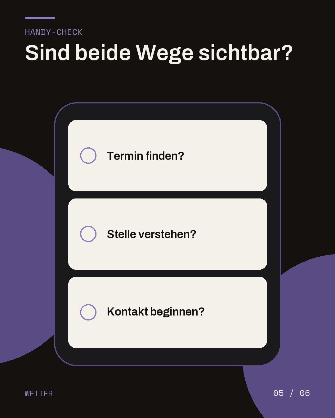 Dunkle Slide mit drei Karten zu Termin, Stelle und Kontakt auf dem Handy.
