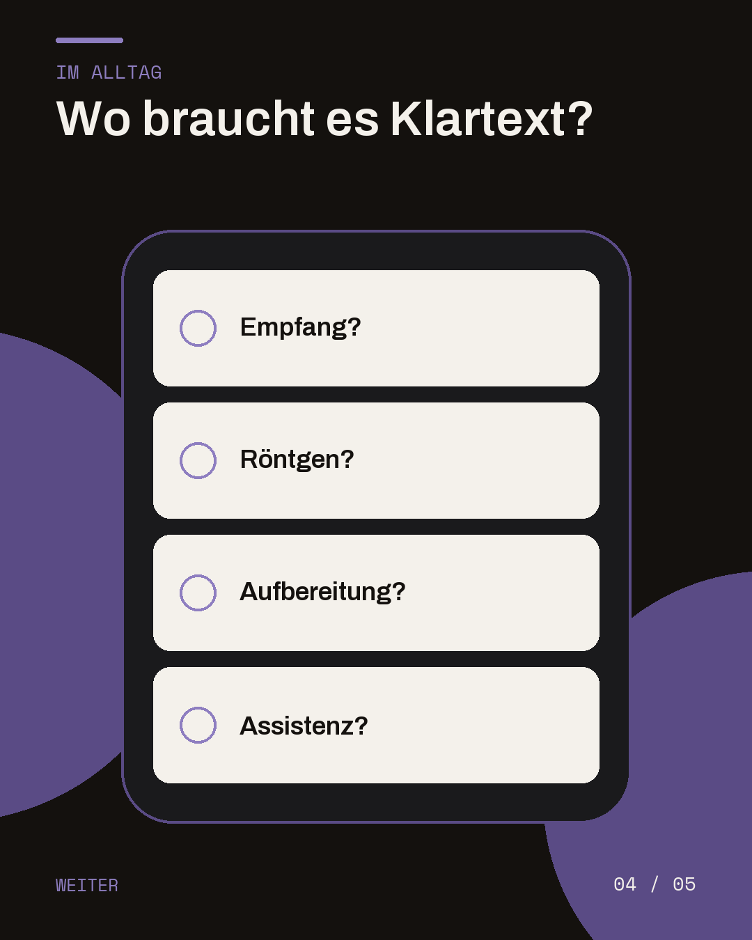 Dunkle Slide mit vier Karten zu Empfang, Röntgen, Aufbereitung und Assistenz.