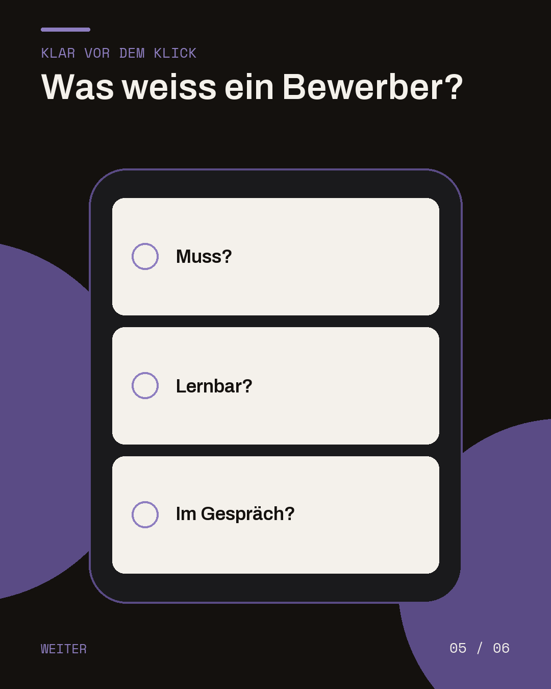 Dunkle Slide mit drei Karten zu Muss-Kriterien, lernbaren Punkten und Themen für das Gespräch.