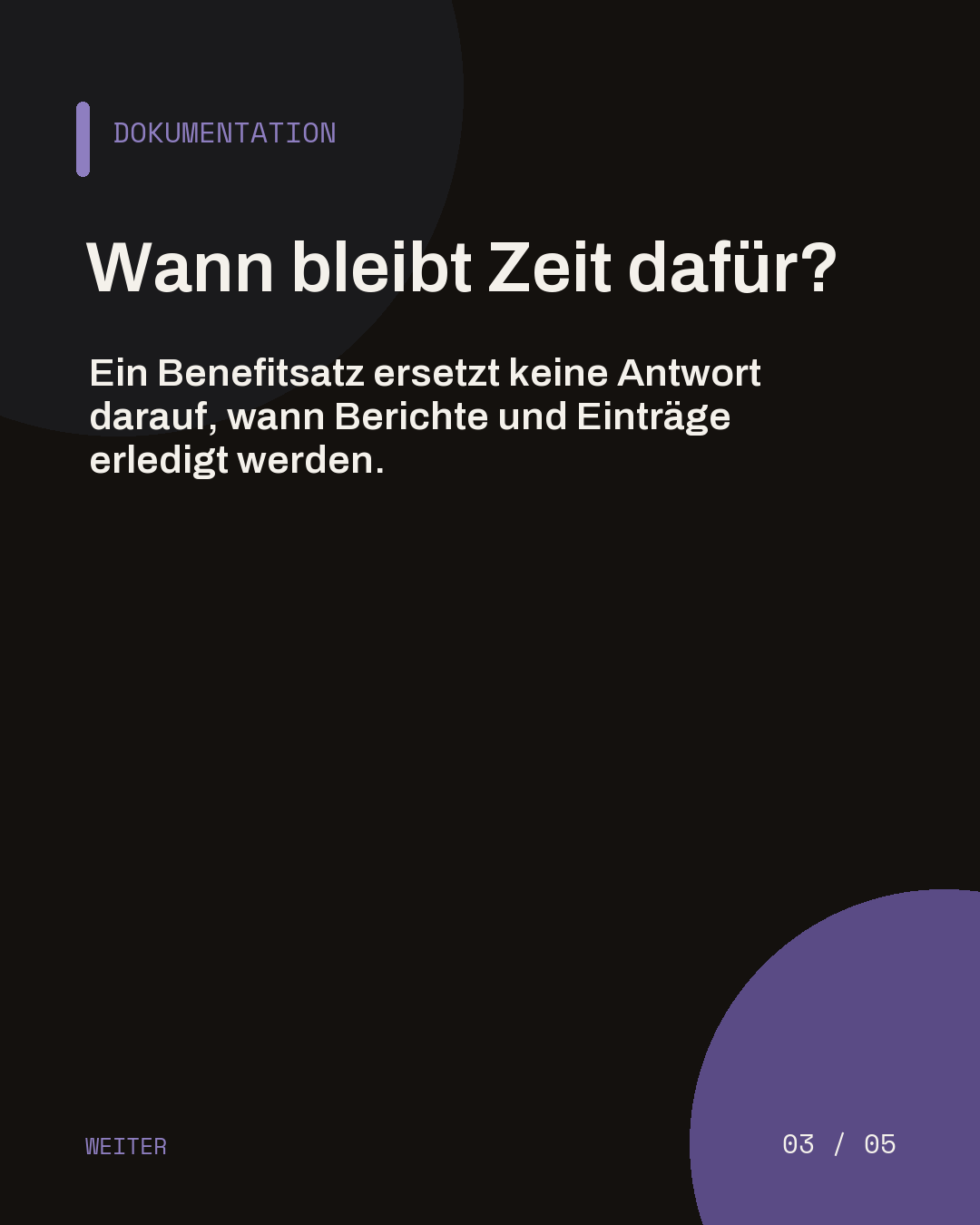 Dunkle Slide mit der Frage, wann im Physio-Tag Zeit für Dokumentation bleibt.