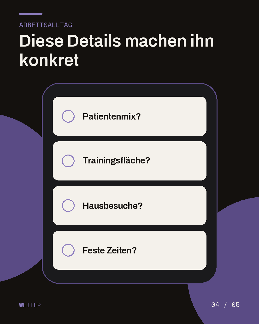 Dunkle Slide mit vier Karten zu Patientenmix, Trainingsfläche, Hausbesuchen und festen Zeiten.