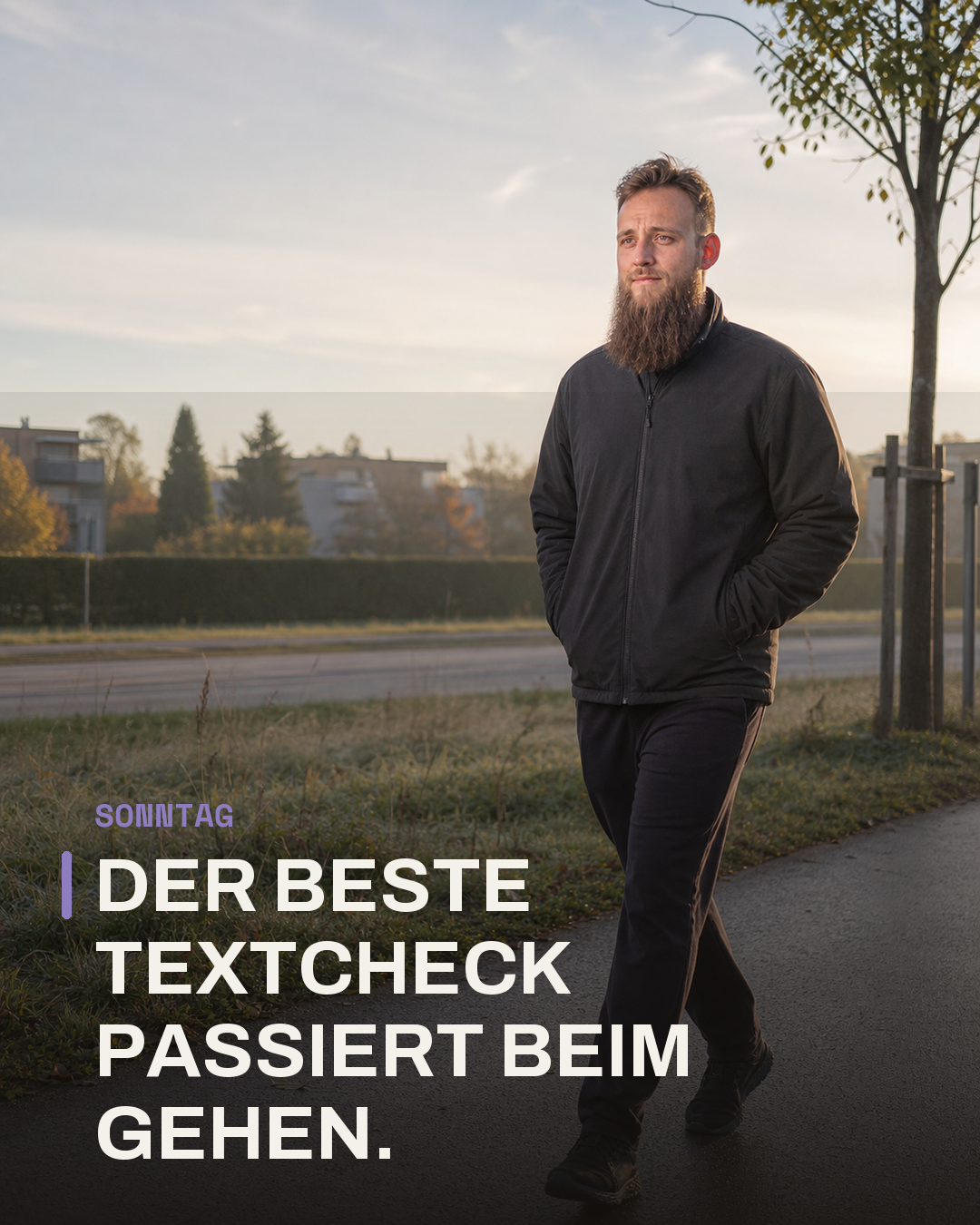 Rafael geht allein mit den Händen in den Jackentaschen über einen ruhigen Weg im frühen Morgenlicht. Der Bildtext lautet: Der beste Textcheck passiert beim Gehen.