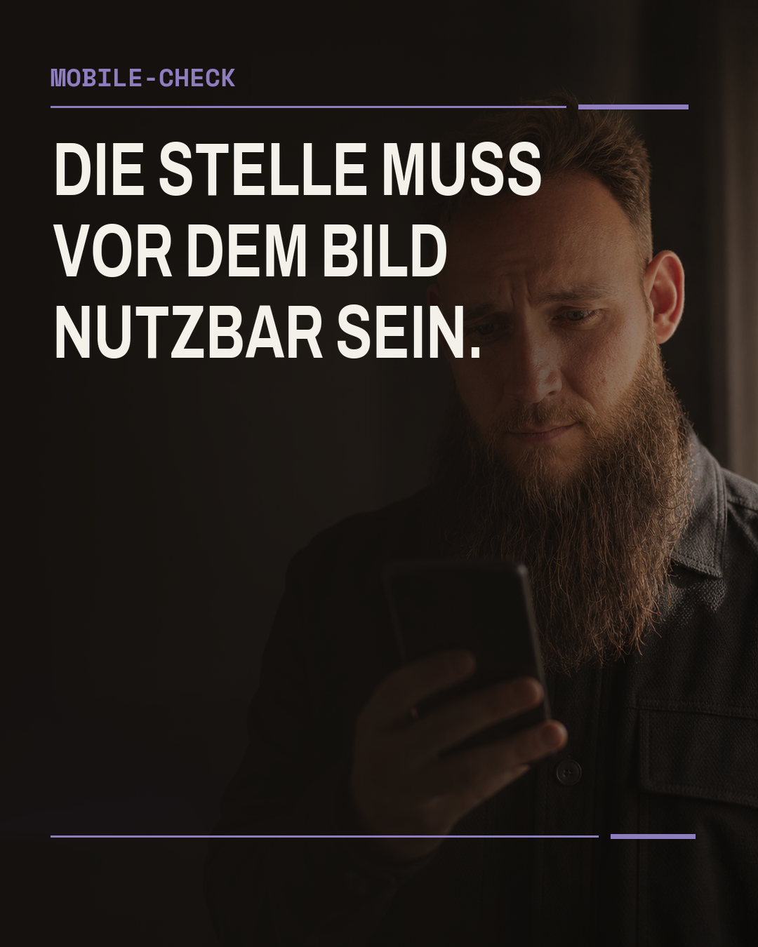 Rafael prüft ein unbeschriftetes Smartphone vor einer grossen unscharfen Ladefläche. Der Bildtext lautet: Die Stelle muss vor dem Bild nutzbar sein.