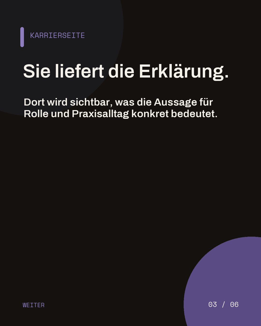 Dunkle Slide darüber, wie die Karriereseite eine Aussage aus der Kampagne konkret erklärt.