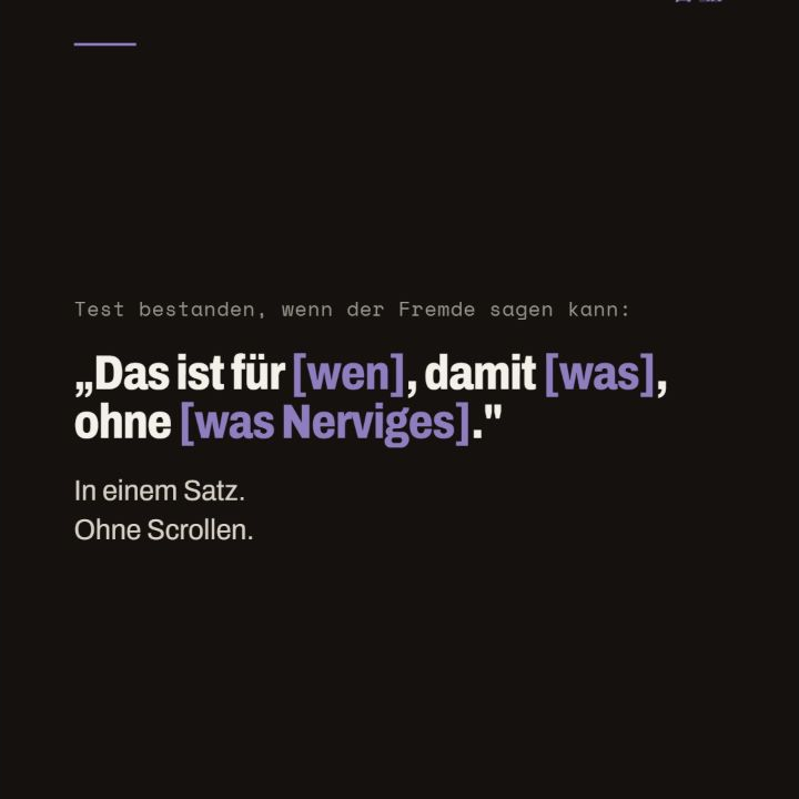 Folie mit einer Satzvorlage für Zielgruppe, Ergebnis und vermiedenes Problem.