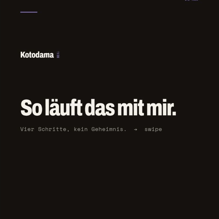 Dunkle Kotodama-Grafik mit der Überschrift: So läuft das mit mir. Vier Schritte, kein Geheimnis.
