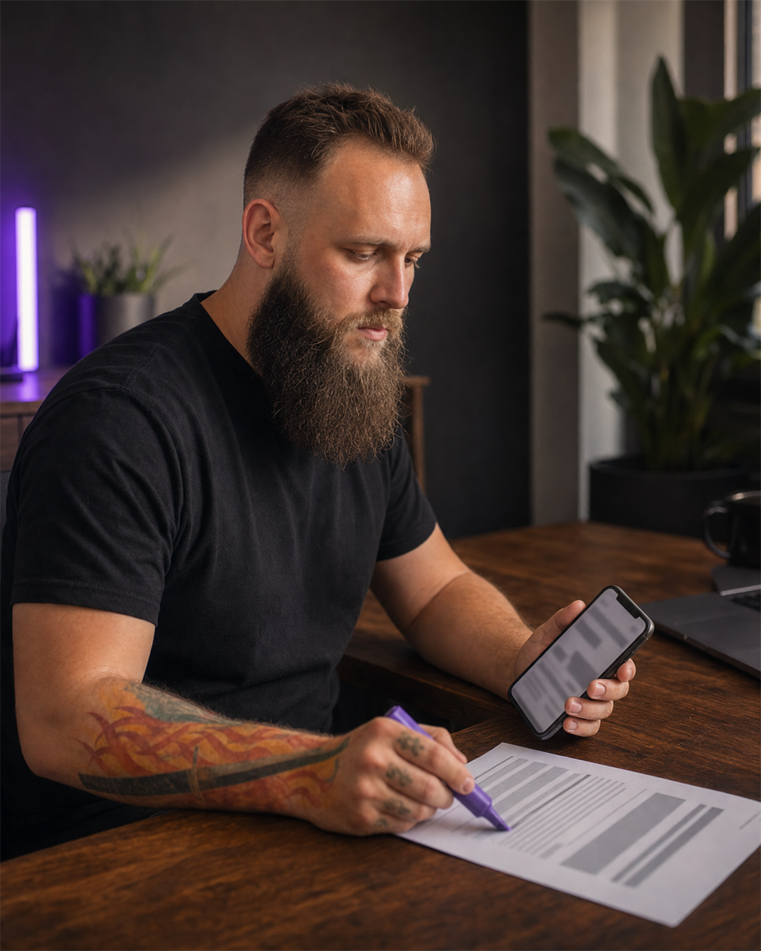 Rafael Hager sitzt an einem dunklen Holztisch, hält eine Stellenanzeige auf dem Smartphone und markiert parallel eine gedruckte Stellenanzeige mit einem violetten Textmarker.