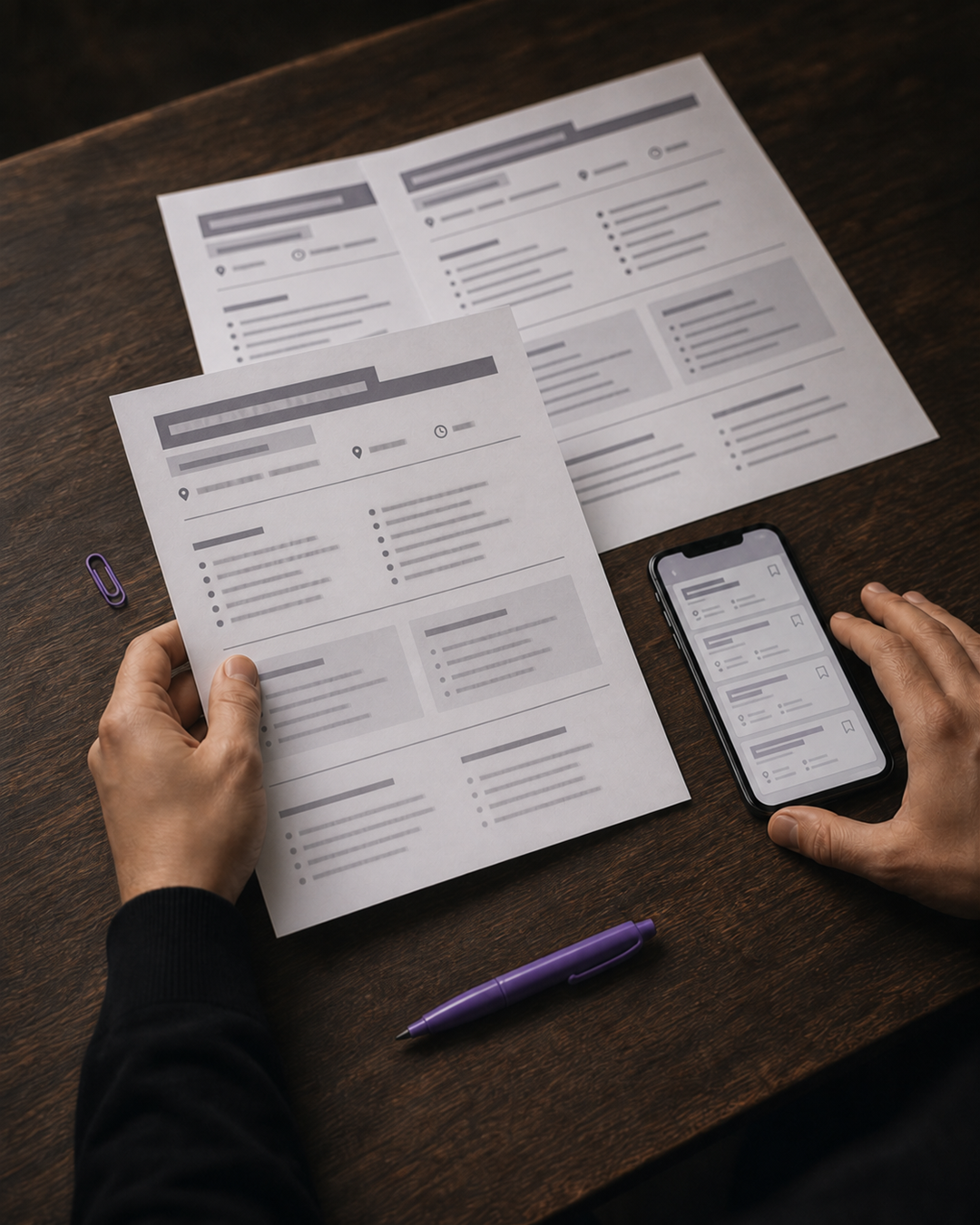Auf einem dunklen Holztisch vergleicht eine Person mehrere ausgedruckte Stellenangebote mit einer Stellenübersicht auf dem Smartphone. Ein violetter Stift und eine violette Büroklammer setzen dezente Farbakzente.