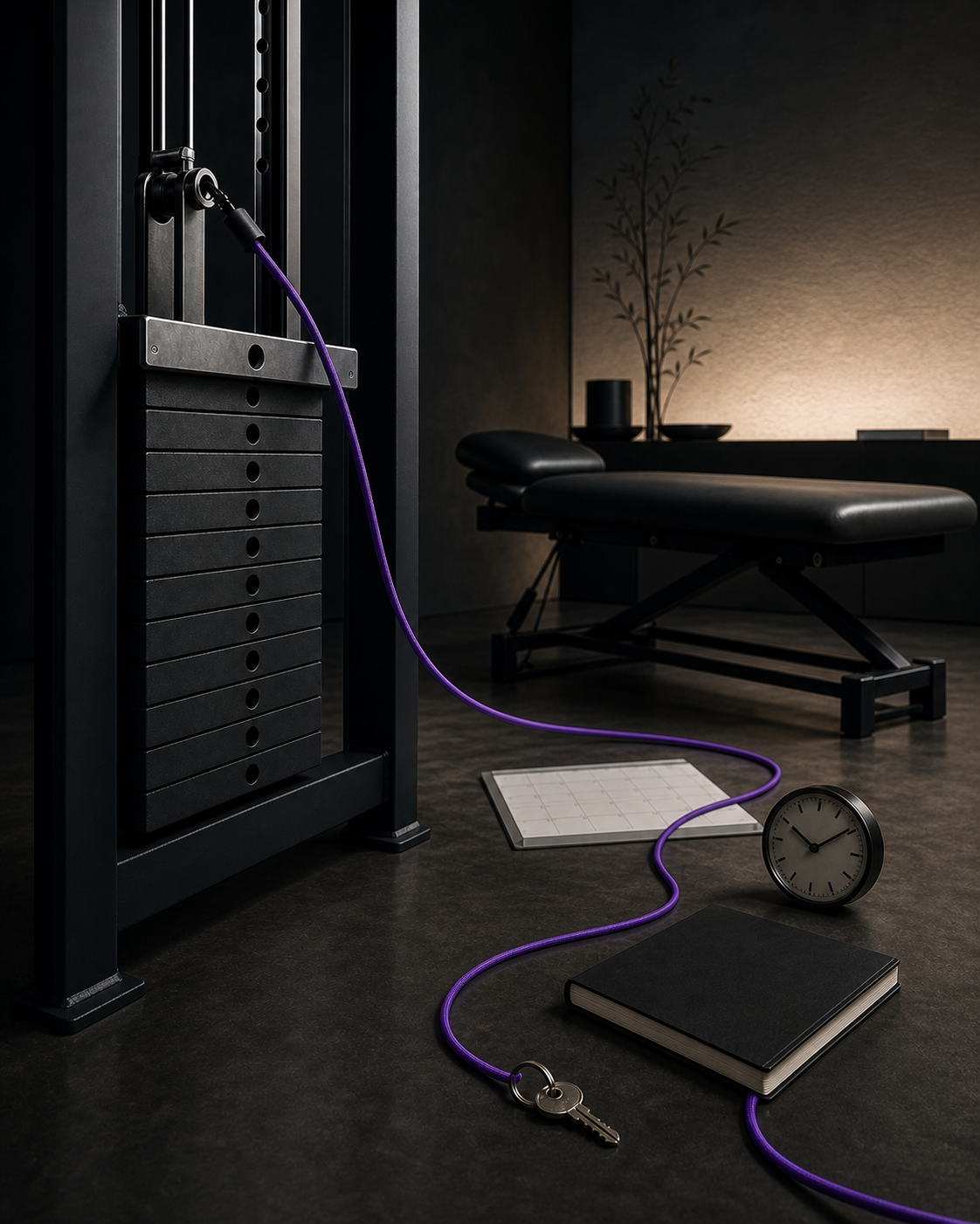 Ein schwarzer Seilzug in einer Physiopraxis ist am Gewichtsblock begrenzt. Ein violettes Kabel läuft weiter zu einem Wochenplan, einer Uhr, einem Weiterbildungsbuch und einem Praxisschlüssel.
