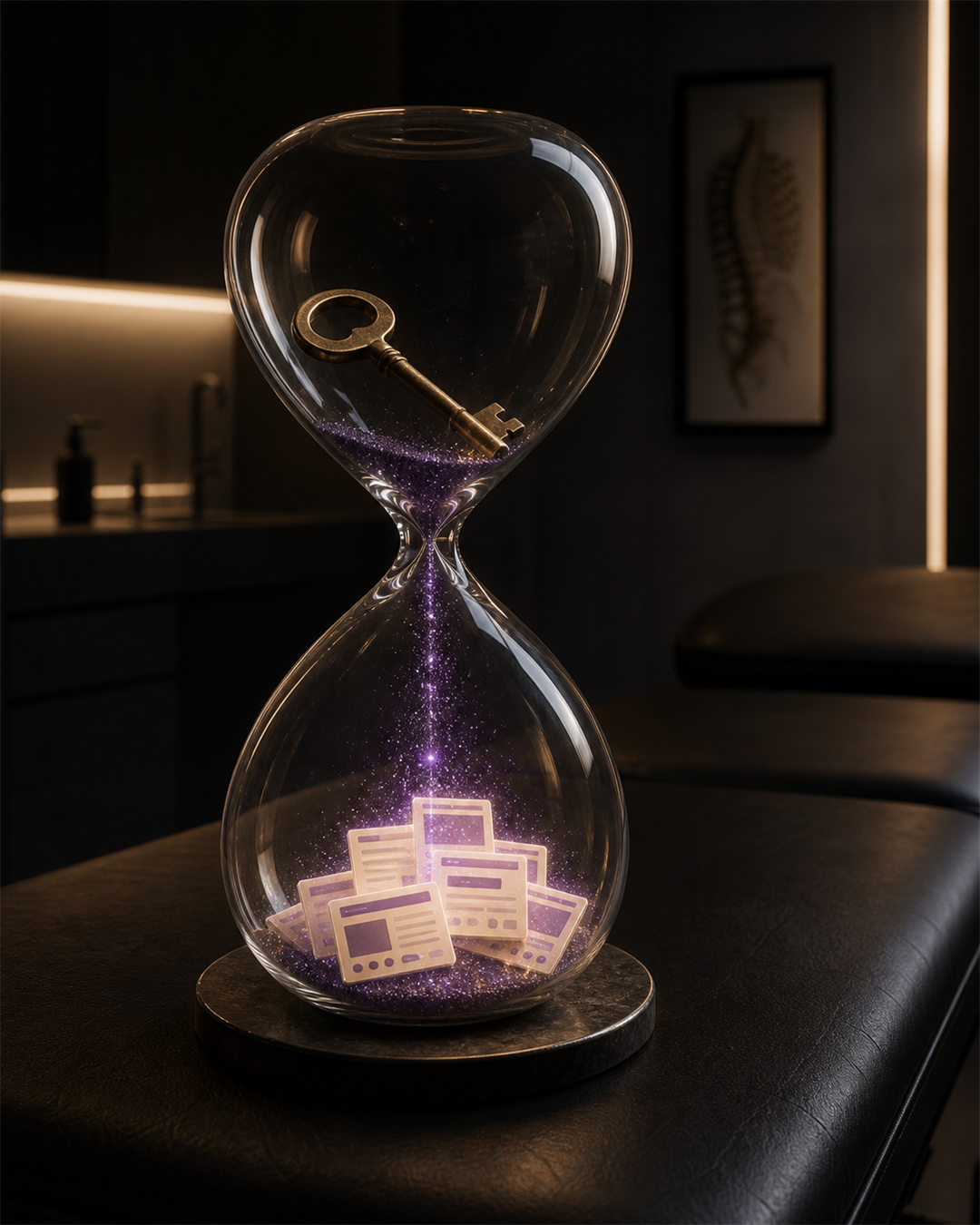 Ein alter Messingschlüssel liegt im oberen Teil einer grossen Sanduhr auf einer schwarzen Behandlungsliege. Violettes Licht fliesst nach unten und sammelt sich dort als kleine abstrakte Website-Seiten.